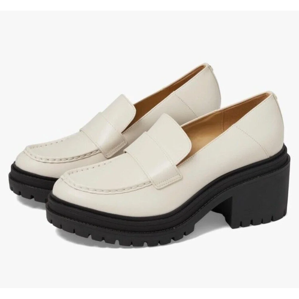 Michael Kors Rocco Block Heeled Loafer Leather LT Cream 9.5 - Picture 1 of 7